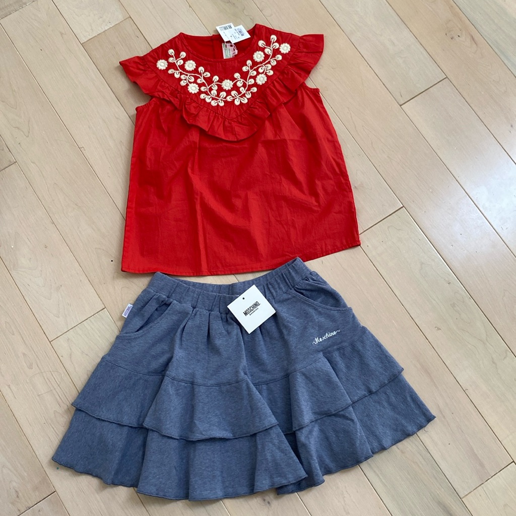 Bonpoint Embroidered Red Ruffle Top Moschino Italy Soft Blue Skirt